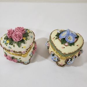 TWO SMALL HEART SHAPE TRINKET BOXES RESIN FLORAL